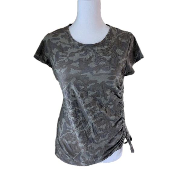 INC Women's Camo Print Side Ruched Tie Short Sleeve Tee Shirt Top Size Small EUC - Picture 1 of 11